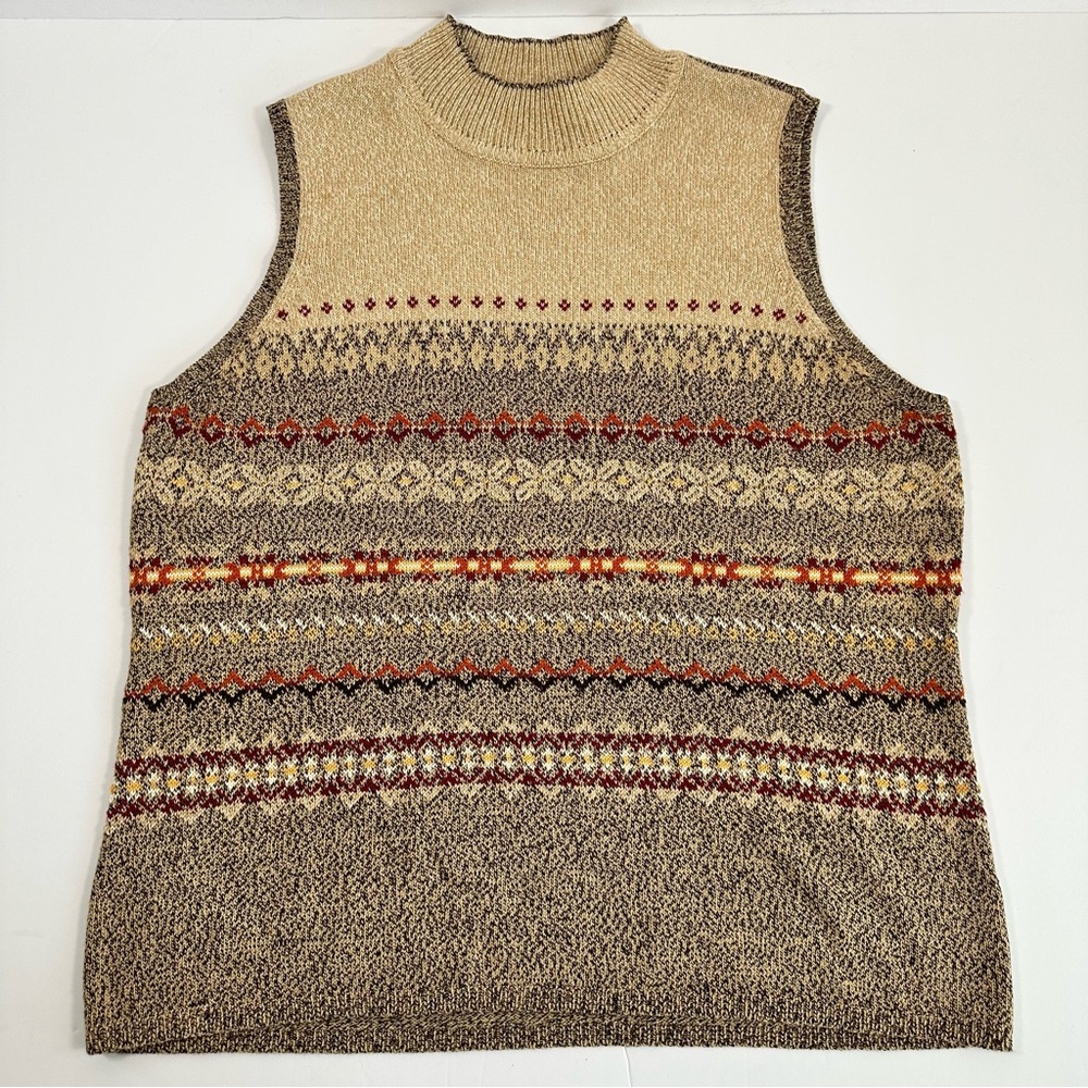 Vintage Liz Claiborne Villager Fair Isle Sweater Vest XL Mock Neck Brown Red - Picture 5 of 8